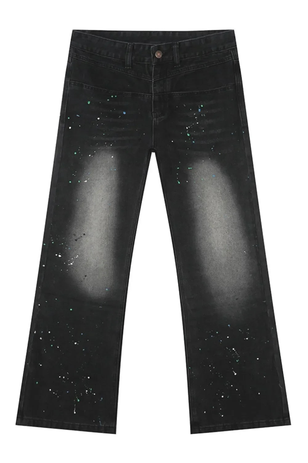 Dark wash flare jeans with double waistline and splatter paint detail