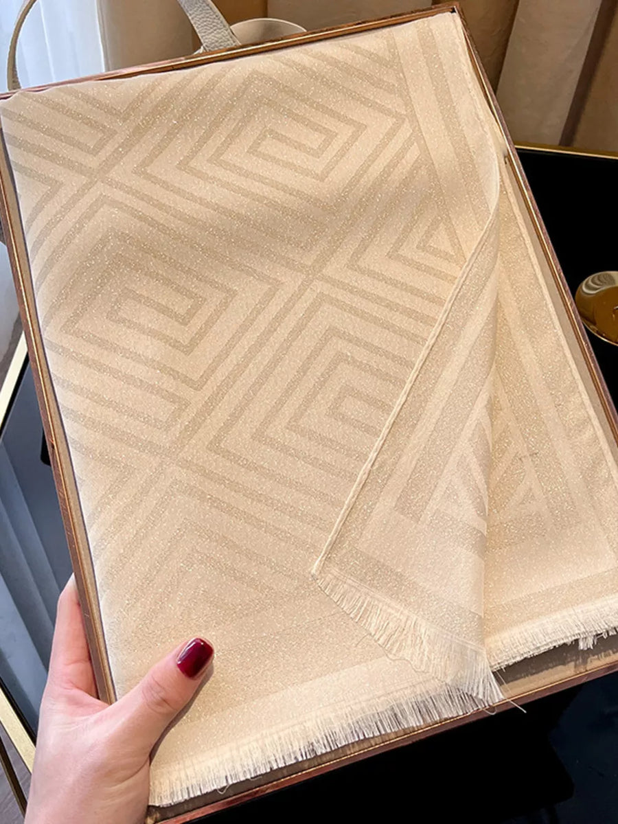 Beige Tencel cotton scarf with geometric pattern and fringe detail