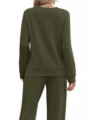 Army green casual long-sleeve top and wide-leg pants set with drawstring detail.