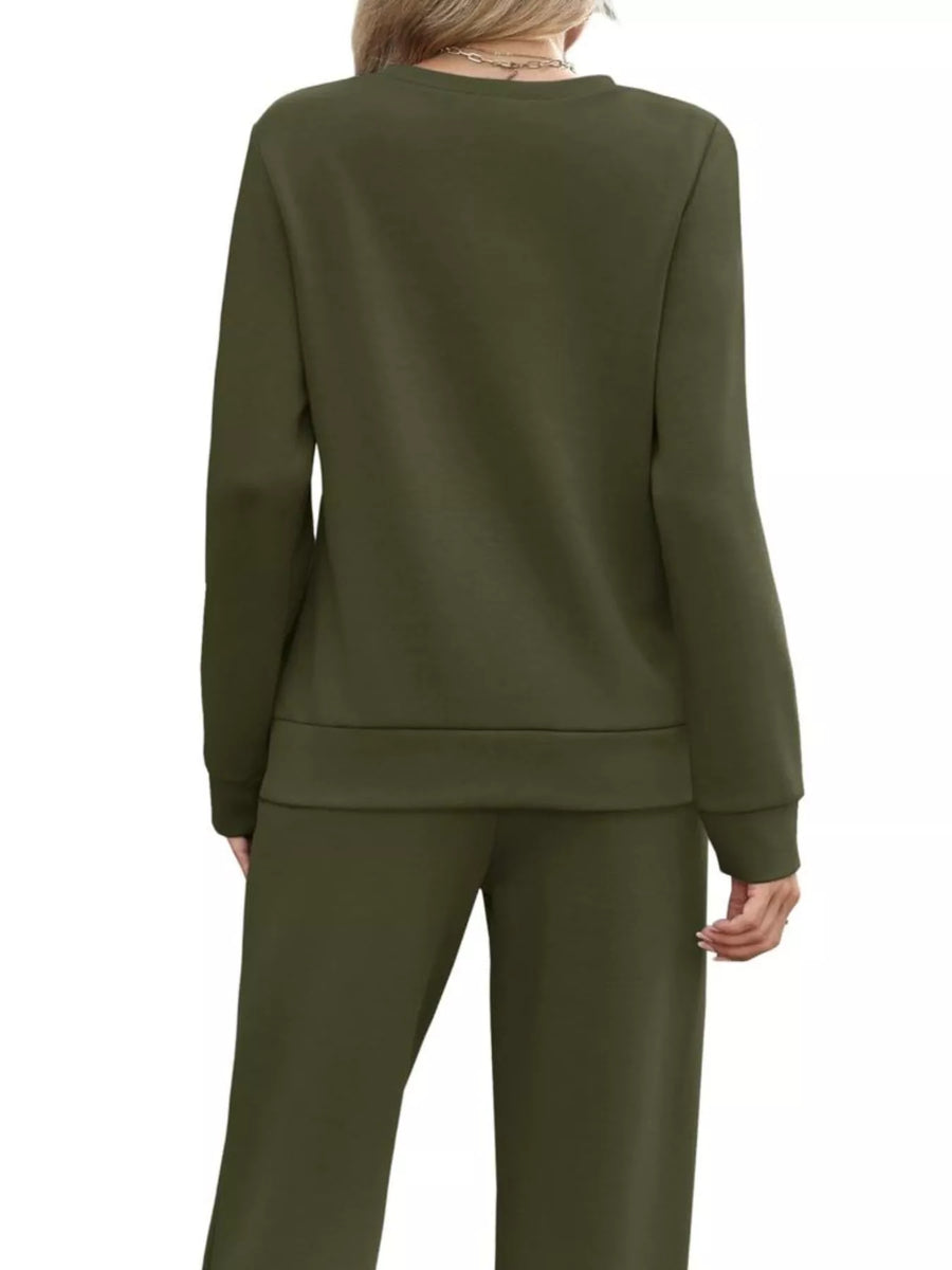 Army green casual long-sleeve top and wide-leg pants set with drawstring detail.