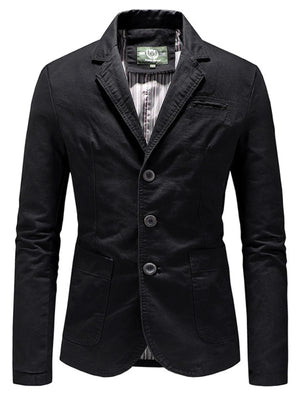 Black cotton casual blazer with button-up front and flap pockets.