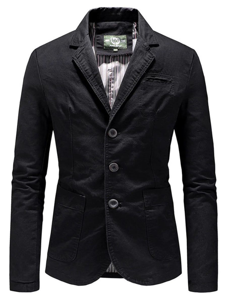 Black cotton casual blazer with button-up front and flap pockets.