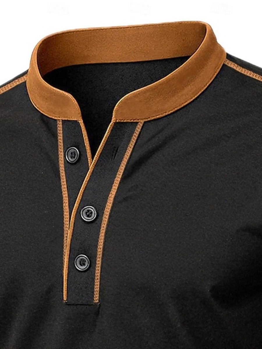 Black casual t-shirt with brown trim and buttons, henley neckline