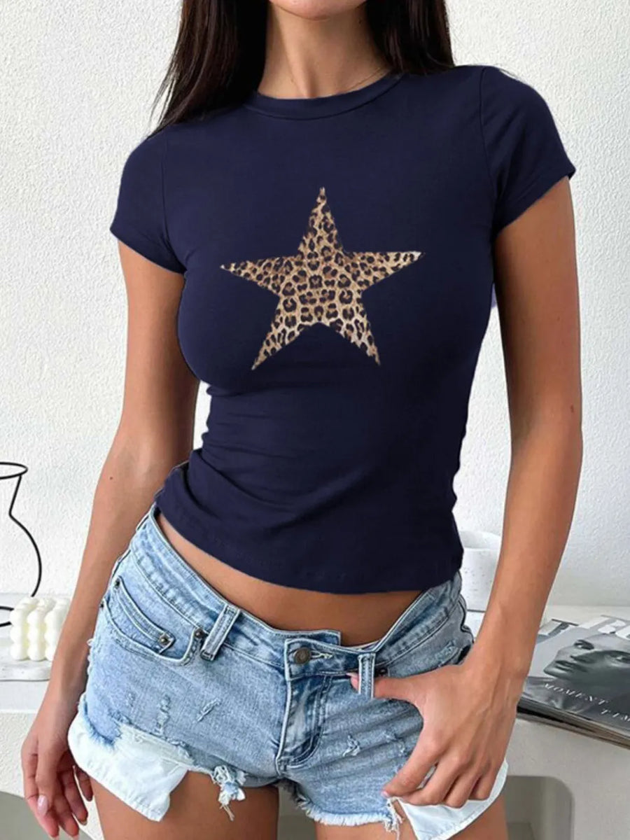 Navy fitted tee with leopard print star graphic, crew neck, short sleeves.
