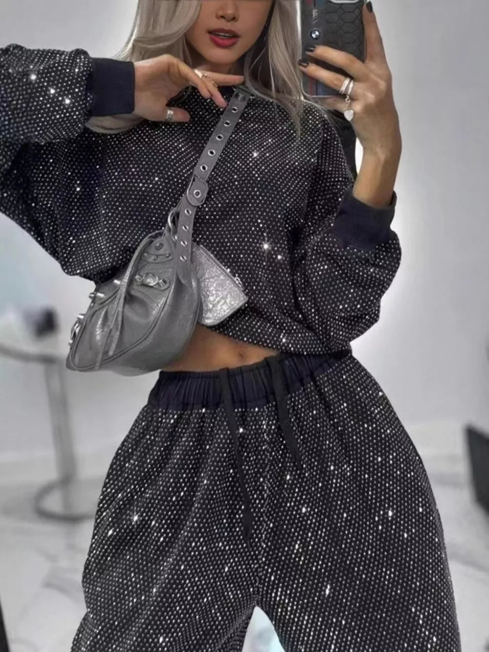black lounge set with studded and crew neck