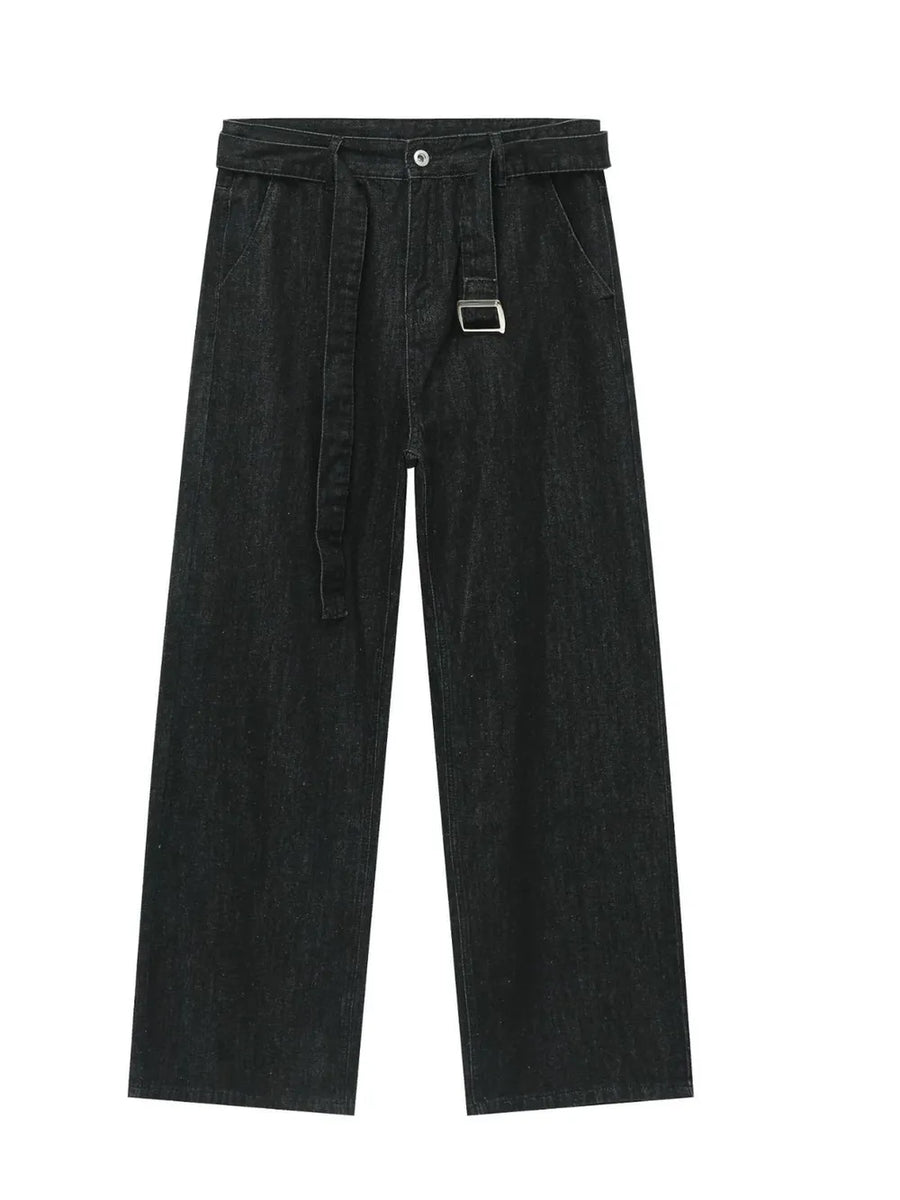 Black denim wide-leg trousers with a matching belt and silver buckle.