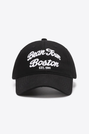 Black baseball cap with white "Bean Town Boston EST. 1901" embroidery