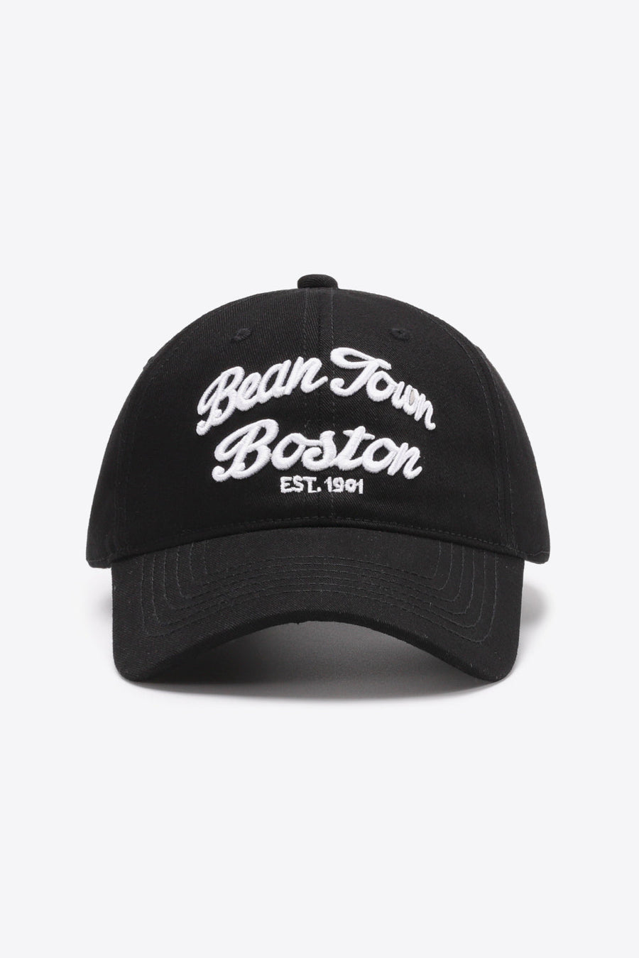 Black baseball cap with white "Bean Town Boston EST. 1901" embroidery