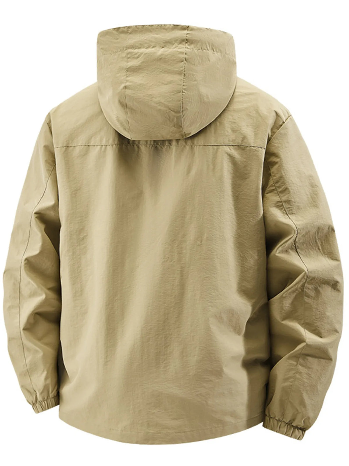 Khaki hooded windbreaker jacket with elastic cuffs and hem