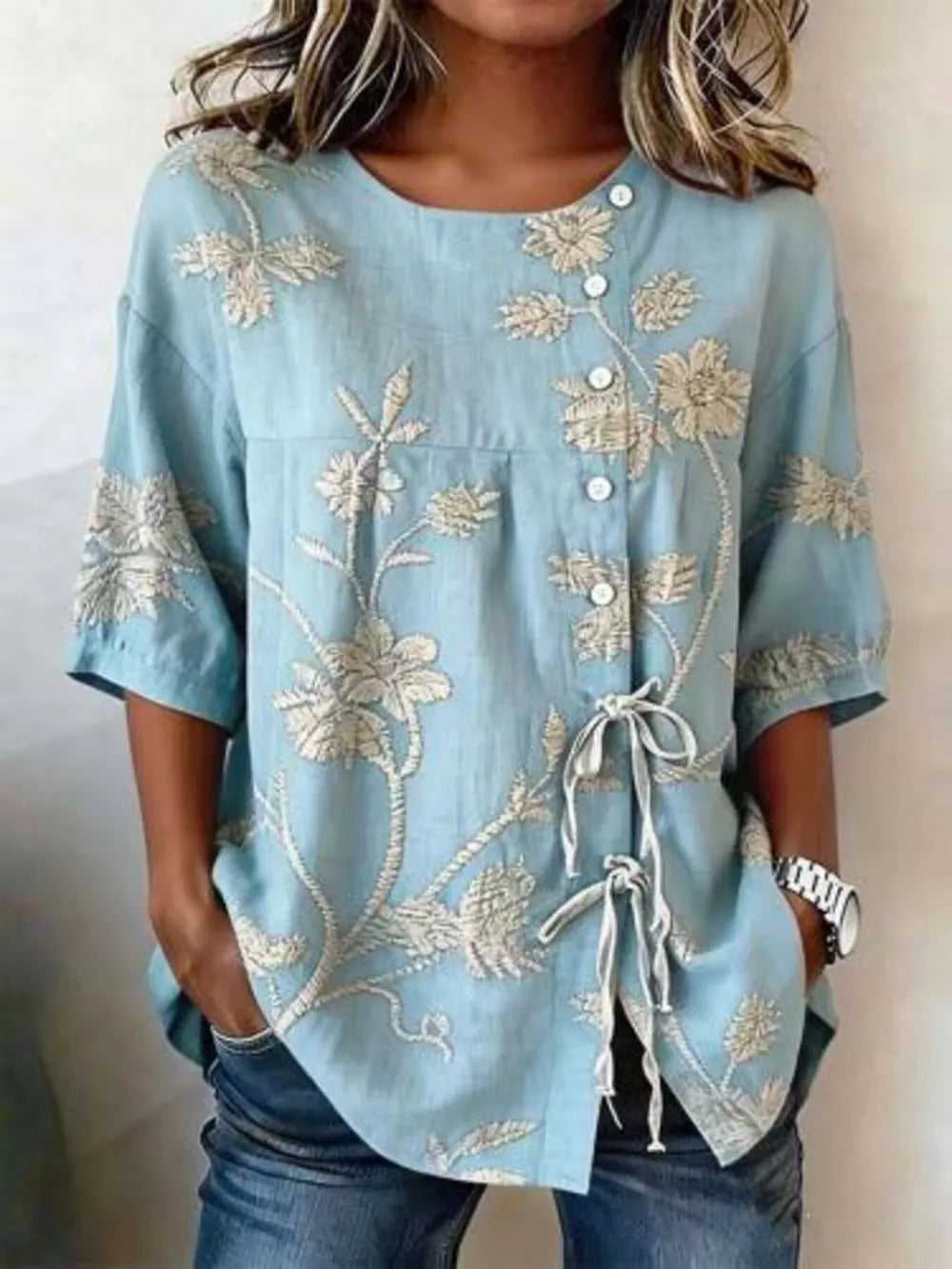 Grey Embroidered Floral Tie Front Shirt Plus Size