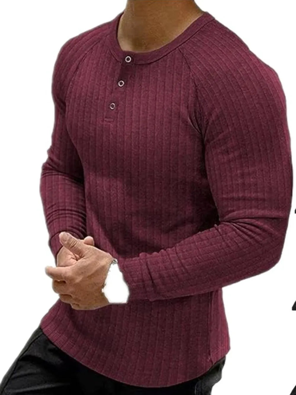 Burgundy ribbed henley tee with button placket and raglan sleeves.
