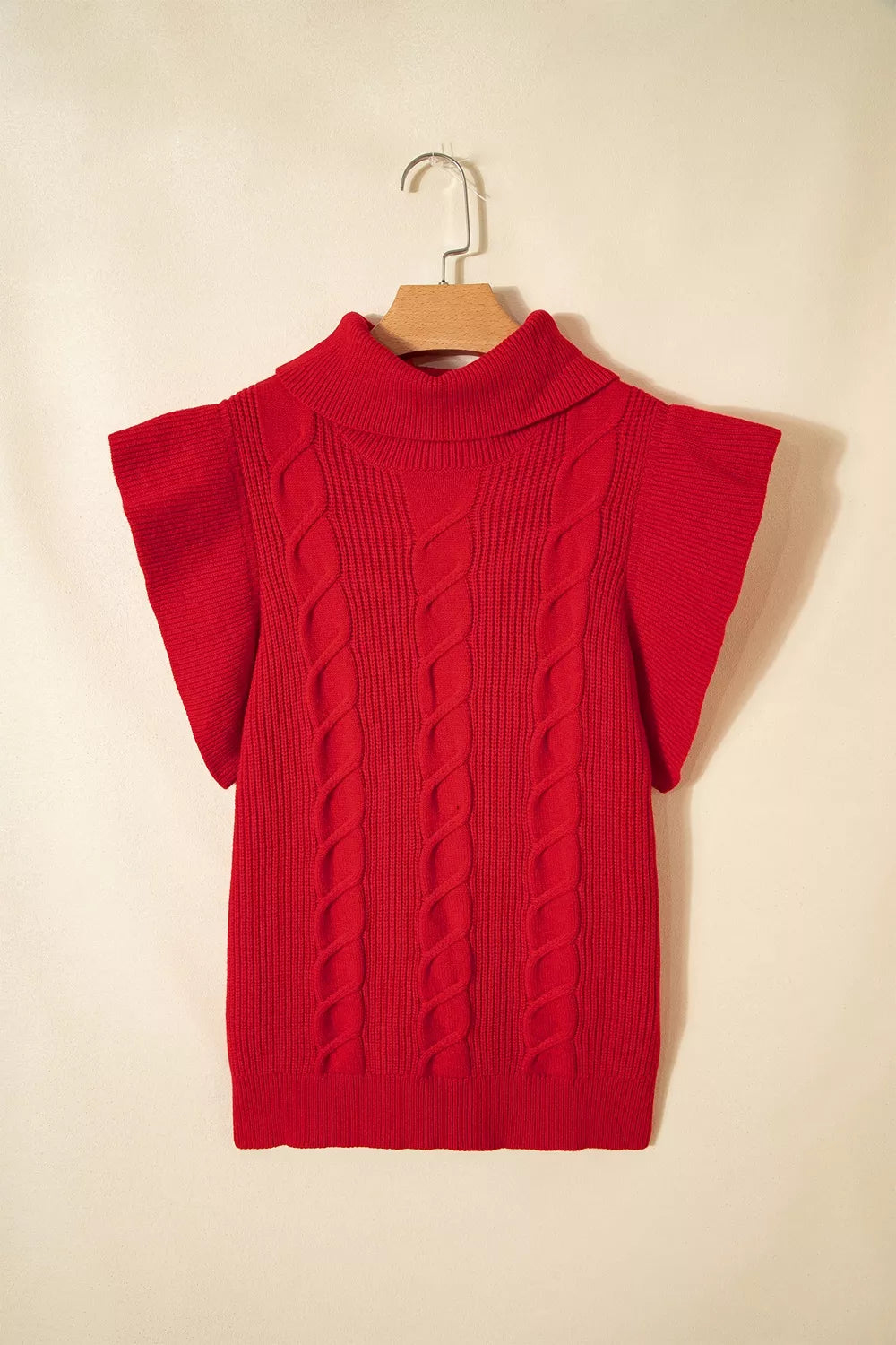 red turtleneck sweater with ruffled and short sleeve