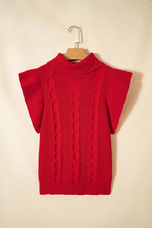 red turtleneck sweater with ruffled and short sleeve