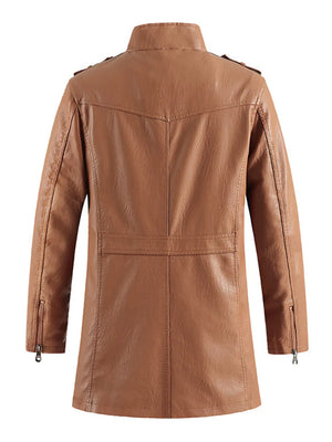 Men's caramel faux leather zip-up jacket with zippered cuffs and back detail.