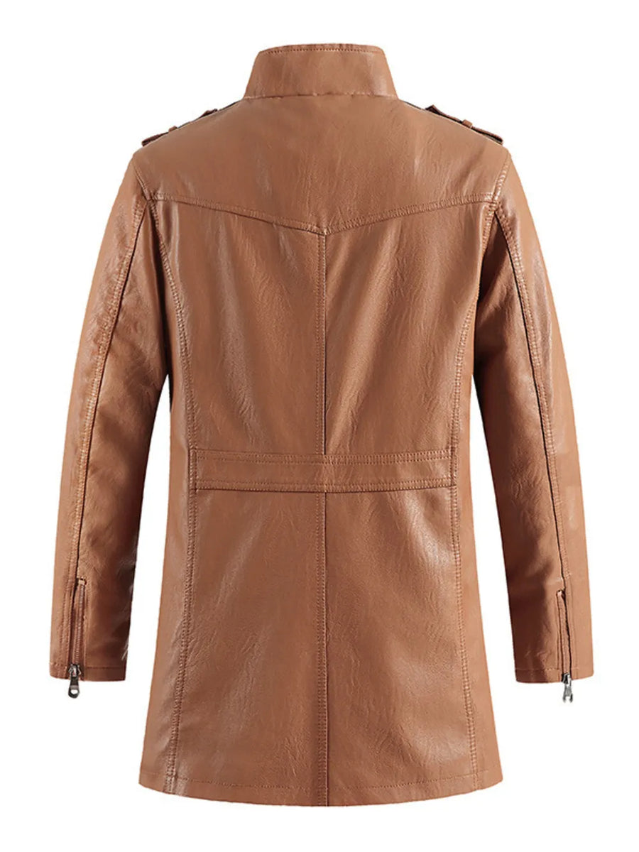 Men's caramel faux leather zip-up jacket with zippered cuffs and back detail.
