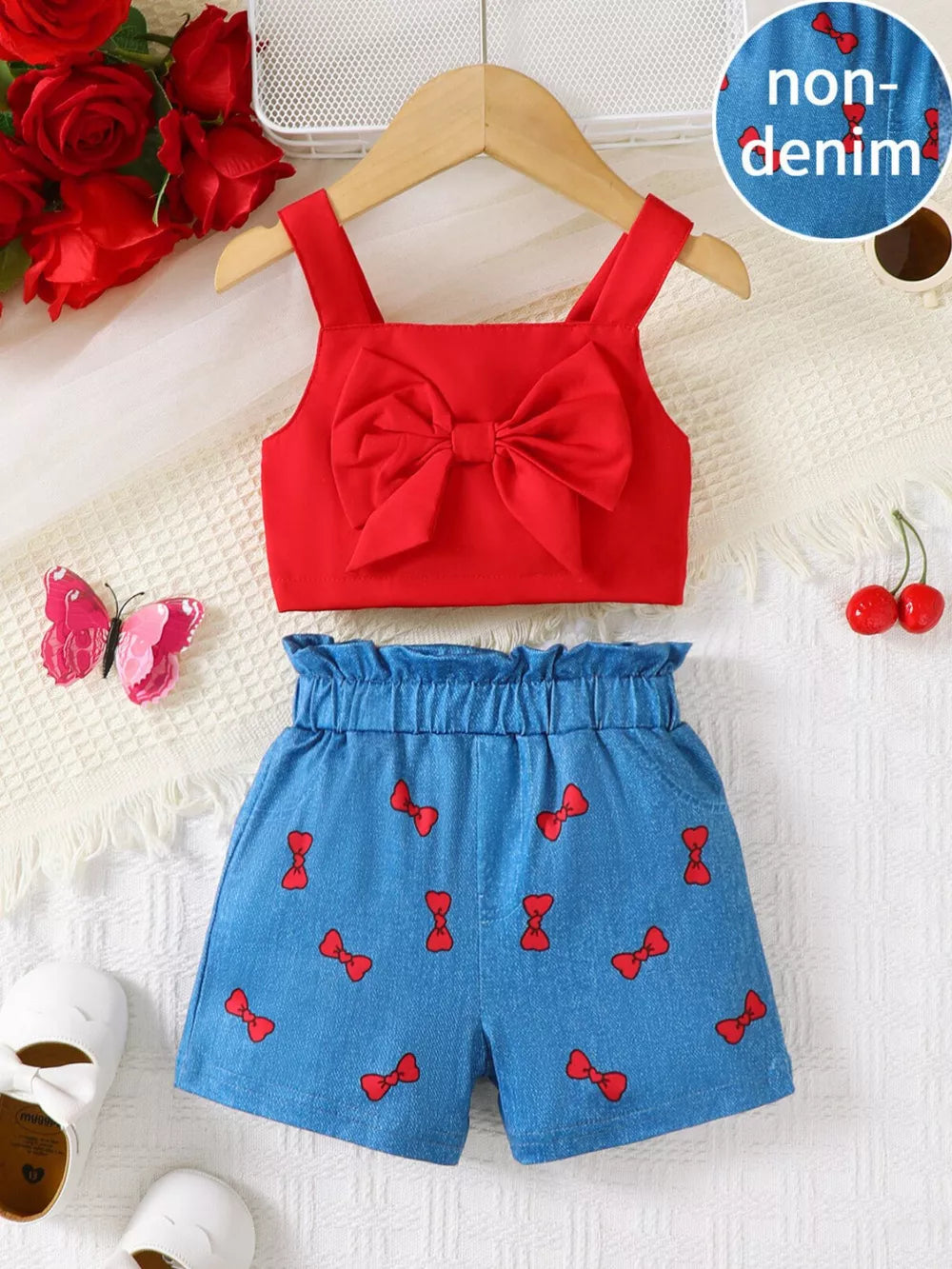 Red bow crop top and blue shorts with red bow print for girls