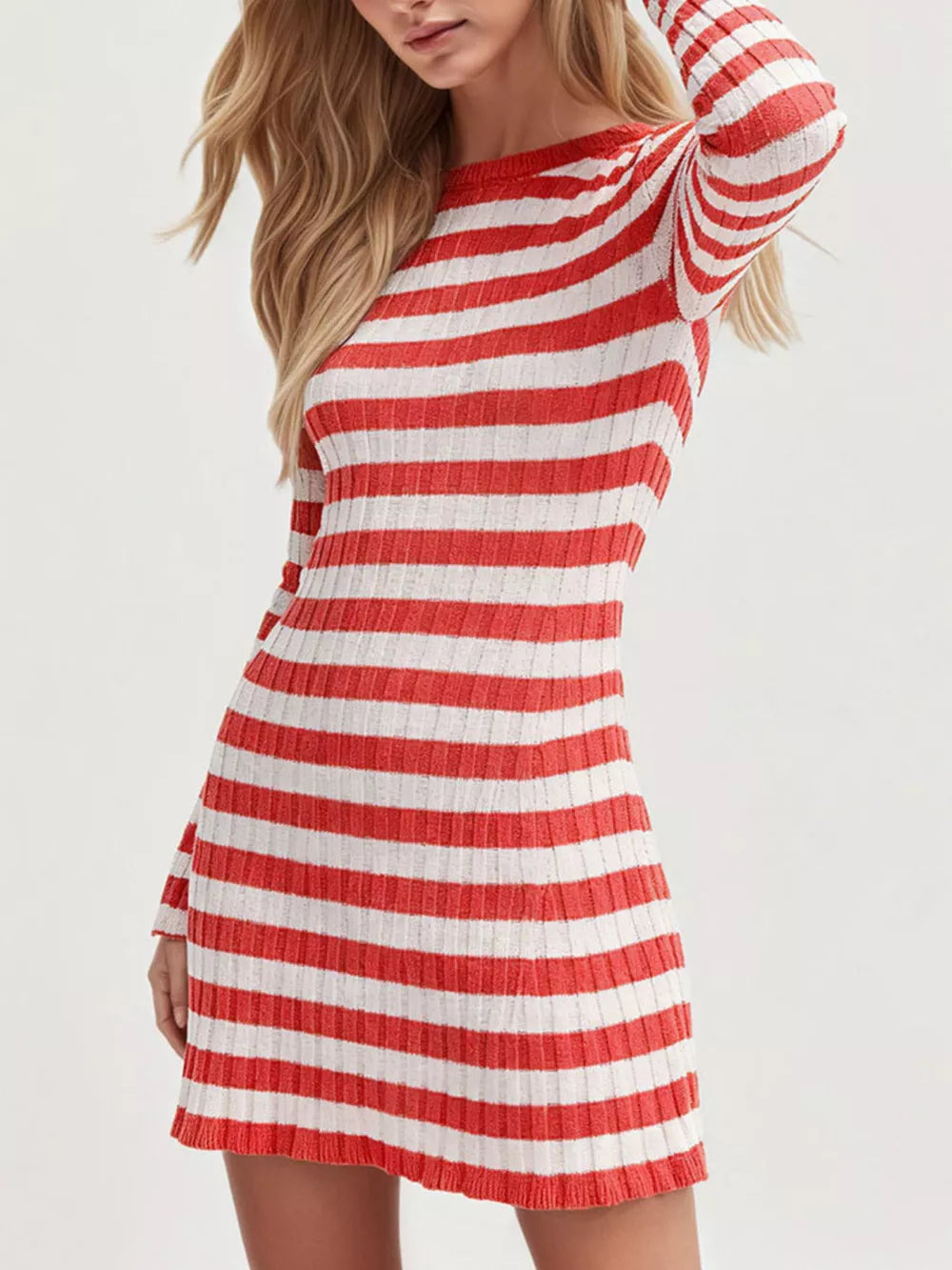 red sweater dress with striped and round neck