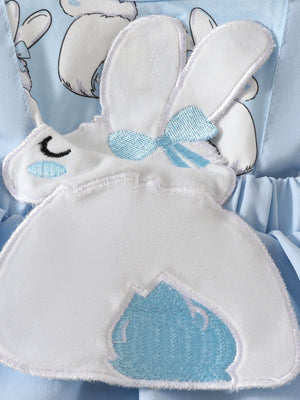 Sky blue baby dress with a white bunny applique, blue bow, and bunny print.