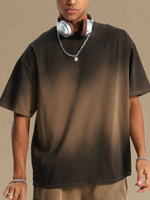 Oversized tee with faded ombre pattern in dark gray and taupe, featuring distressed details.