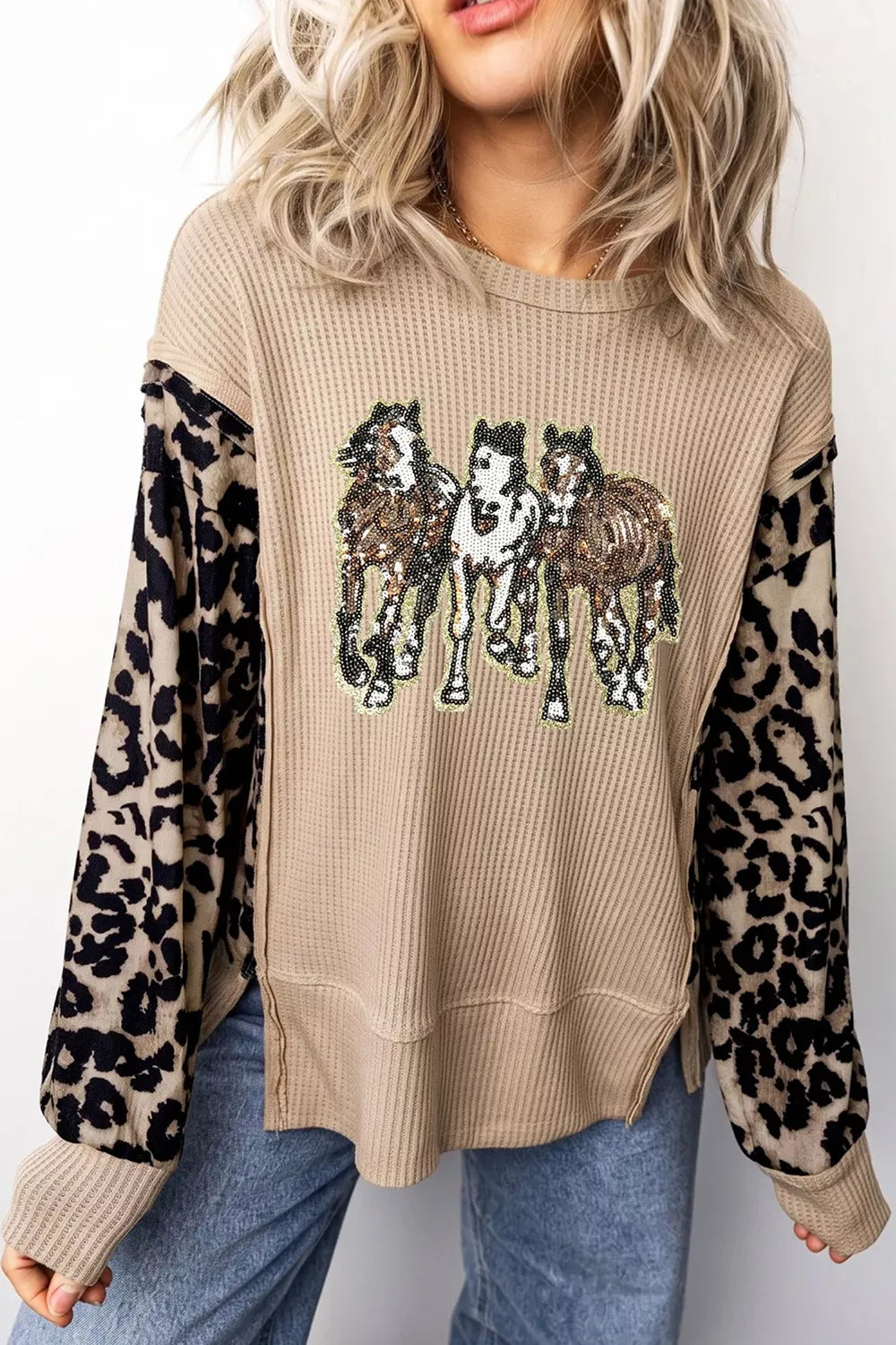 tan tunic with leopard and round neck
