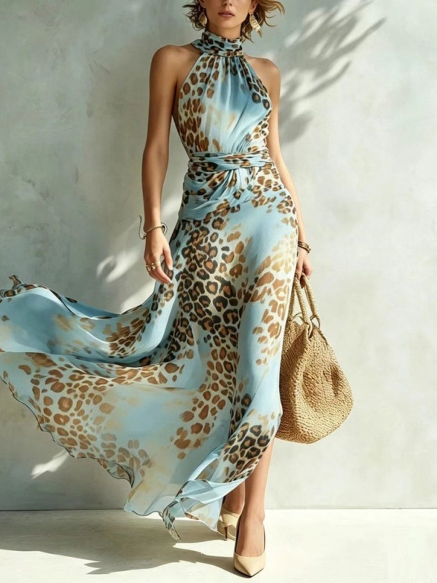 light blue maxi dress with leopard-print and halter