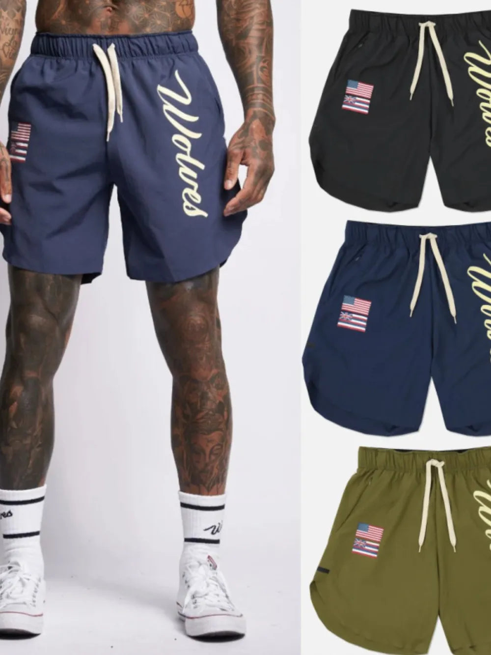 Navy active drawstring shorts with Wolves script logo and flag patch.