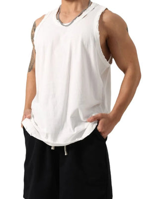 White relaxed fit tank top with raw edge details and a crew neck.