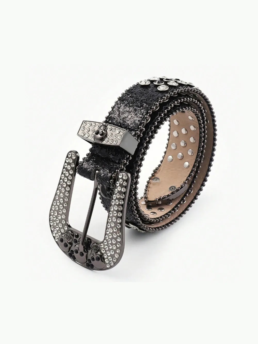 Black leather belt with crystal skull embellishments and silver studs.