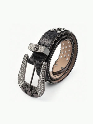 Black leather belt with crystal skull embellishments and silver studs.
