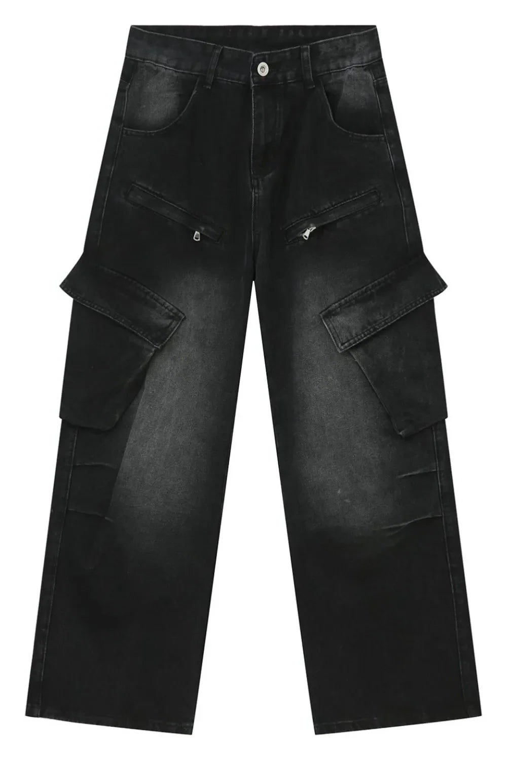 Black baggy cargo denim pants with multiple zipper and flap pockets.