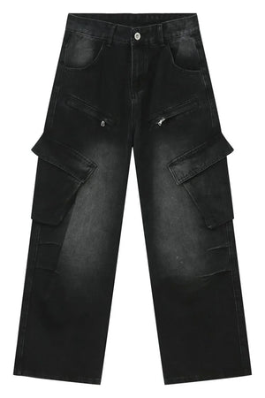 Black baggy cargo denim pants with multiple zipper and flap pockets.
