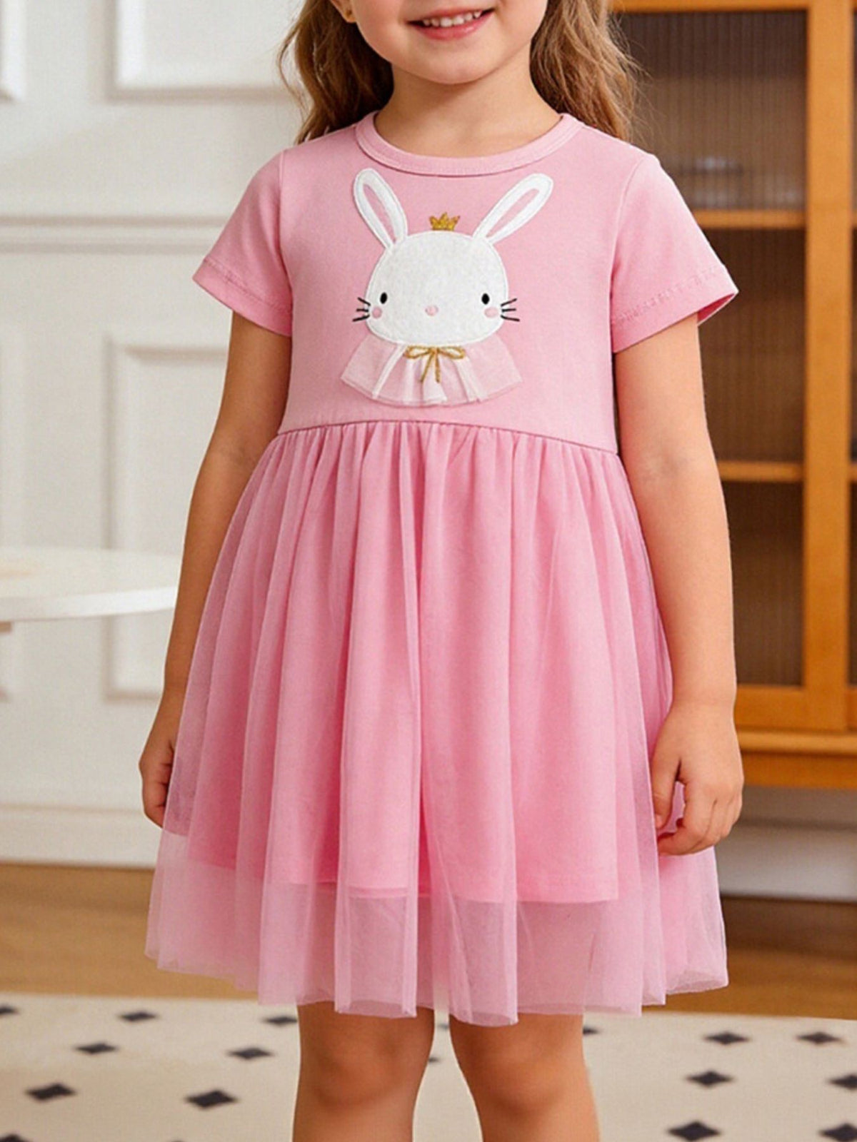Pink toddler dress with bunny applique and tulle skirt
