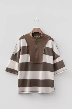 Coffee Brown, Striped Color Block Zip Collar Oversize Sweatshirt in Coffee Brown