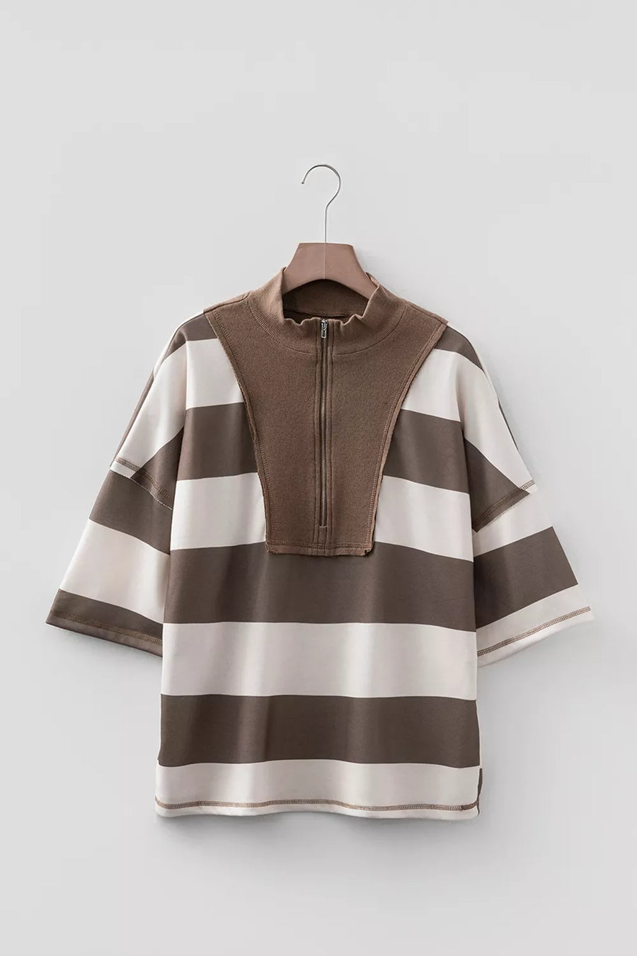 Coffee Brown, Striped Color Block Zip Collar Oversize Sweatshirt in Coffee Brown