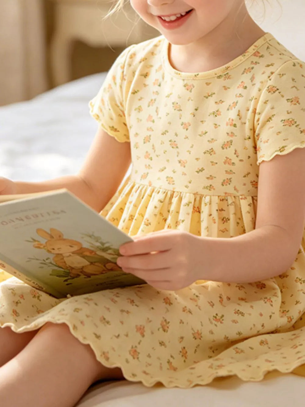 Yellow floral toddler dress with short sleeves and scalloped hem
