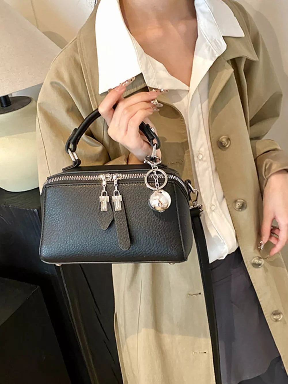 White Textured Mini Pu Leather Handbag