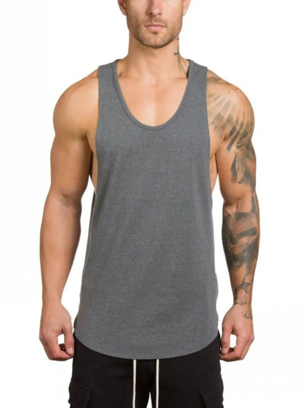 Dark gray scoop neck muscle tank top with curved hem