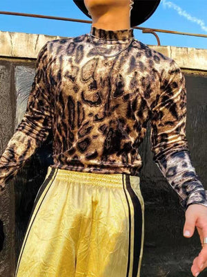 brown t-shirt with leopard and mock neck
