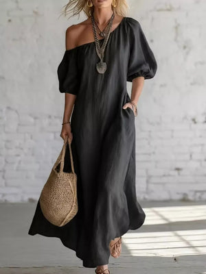 Burgundy One-shoulder Puff Sleeve Maxi Dress