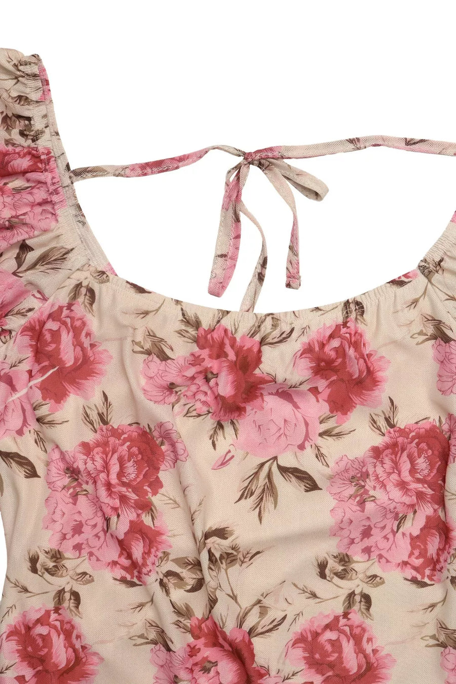 Floral midi dress with square neckline, flutter sleeves, and tie detail.