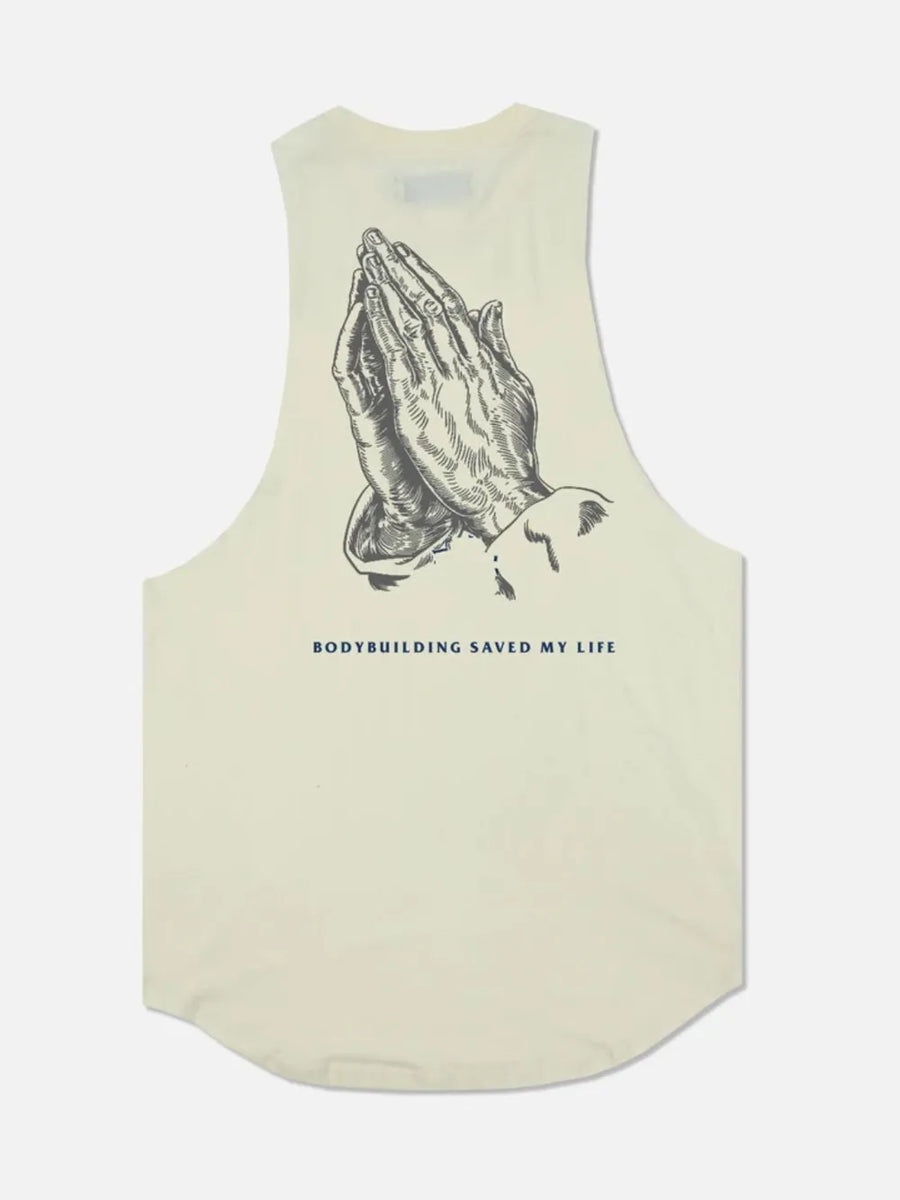 Beige muscle tank top with praying hands graphic and text.
