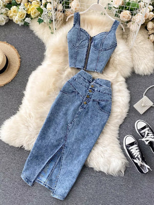 Acid wash denim two-piece set with zip bustier crop top and button-front midi skirt with slit