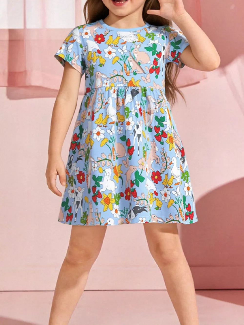 Baby girls blue cotton dress with cartoon animals and flowers print