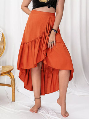 Orange ruched high-low wrap skirt with ruffle trim, perfect for curvy women.