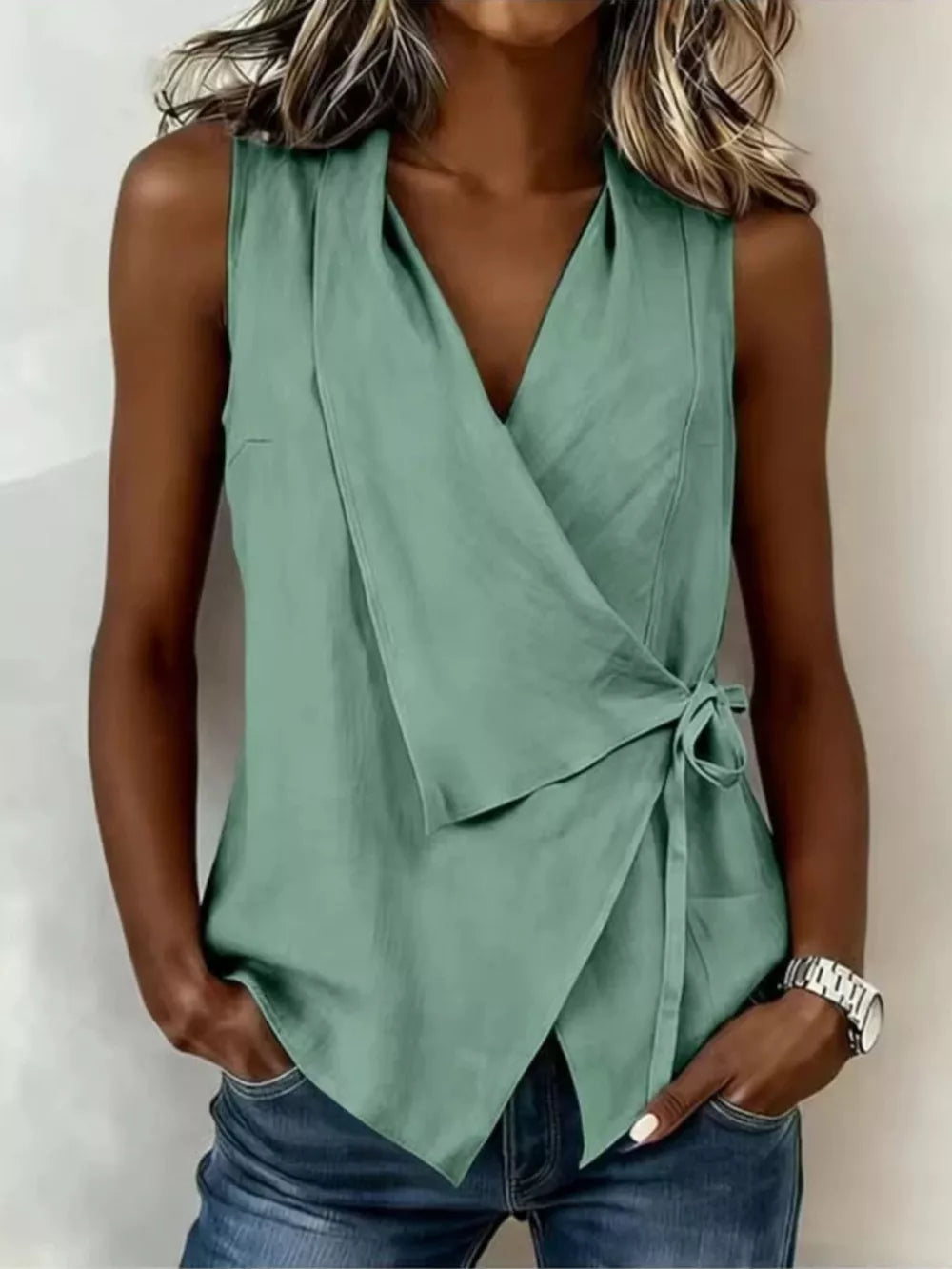 modern wrap top in Camel with v-neck