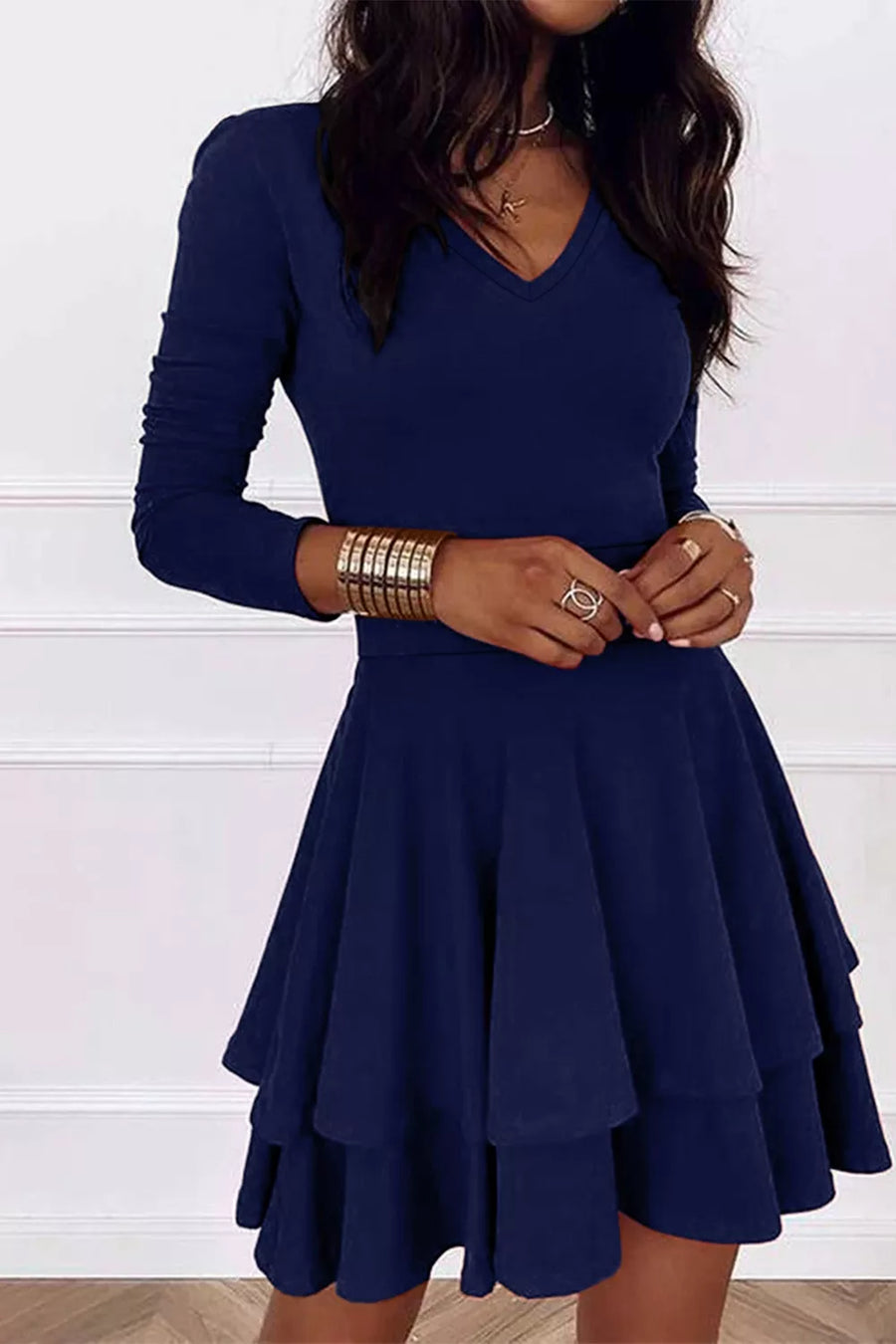 Dark Navy with Layered Long Sleeve V-neck Mini Dress
