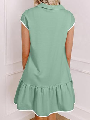 Gum Leaf zip front cap sleeve ruffle dress with white trim