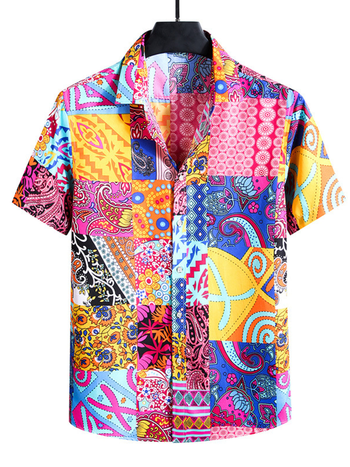 Men's short sleeve cotton button-up shirt with a colorful patchwork print.