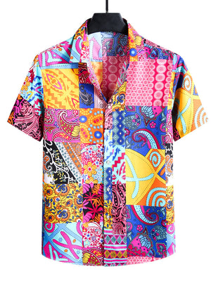 Men's short sleeve cotton button-up shirt with a colorful patchwork print.