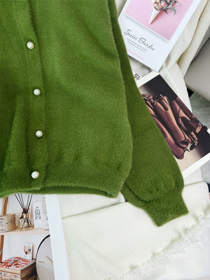 classic cardigan in olive green with round neck